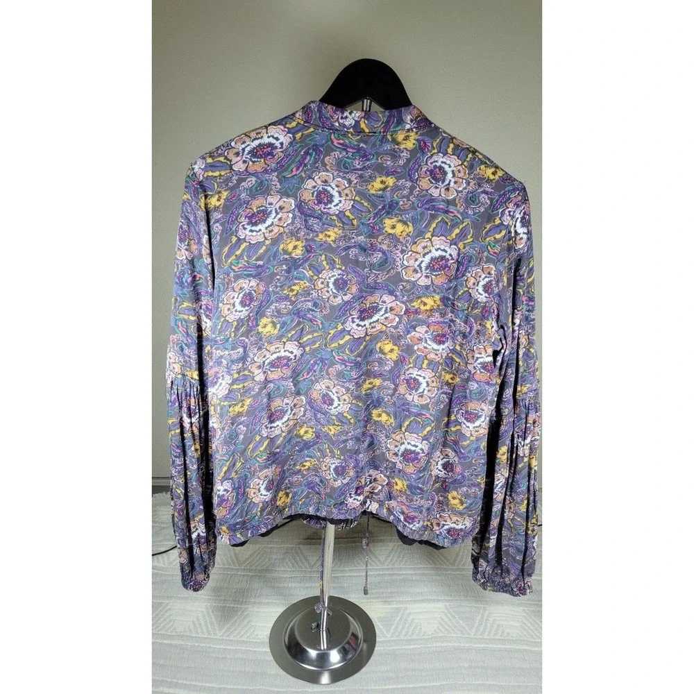 Free People Floral Bomber Jacket Women M  Boho Balloon Sleeve Festival